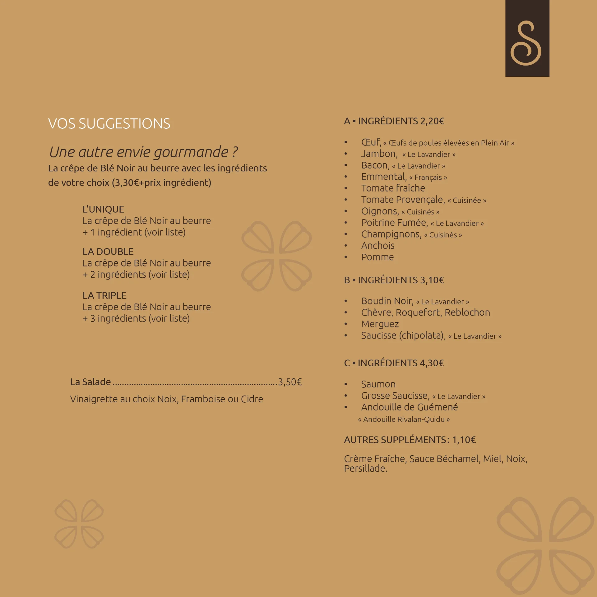 Menu de la crêperie Le Sarrazin