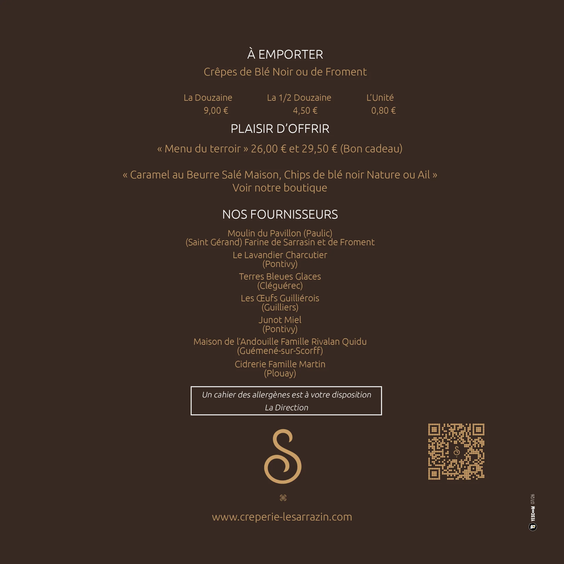 Menu de la crêperie Le Sarrazin